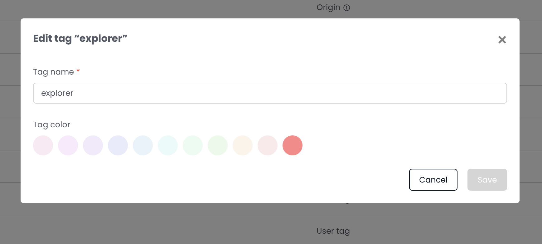 Edit tag modal with a text field for Tag name filled with explorer, a Tag color selection, and Cancel and Save buttons.